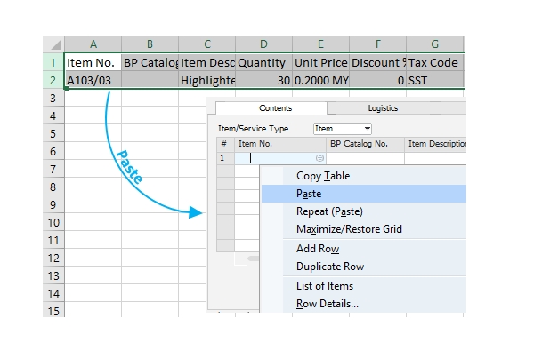 Paste Data into SAP Business One